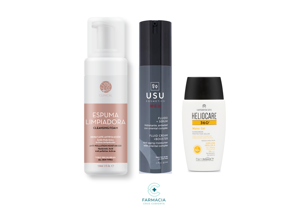 -Cuidado Masculino-farmacia cruz cubierta-beauty box, Espuma limpiadora, Heliocare, piel adulta, piel grasa, piel joven, piel madura, piel normal, piel seca, Segle, Sérum, Usu-Farmacia Cruz Cubierta