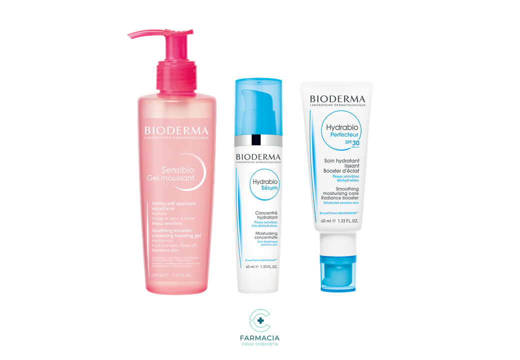 -Para Piel Joven y Seca-farmacia cruz cubierta-beauty box,Bioderma,Bioderma Hydrabio,Bioderma Sensibio,crema de día + solar,piel adulta,piel joven,piel normal,piel seca,piel sensible,Sérum-Farmacia Cruz Cubierta